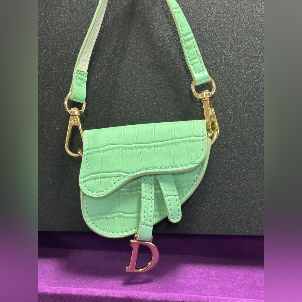 Green Croc Saddle Mini Bag Charm | Gold D Detail | Trendy